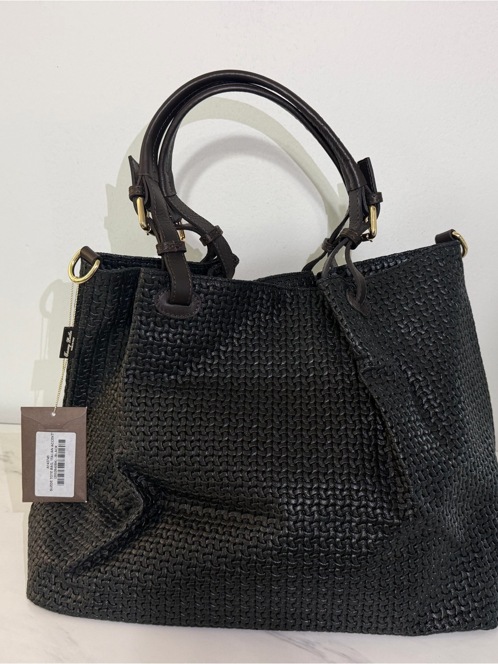 Black Woven Tote Bag with Leather Handles